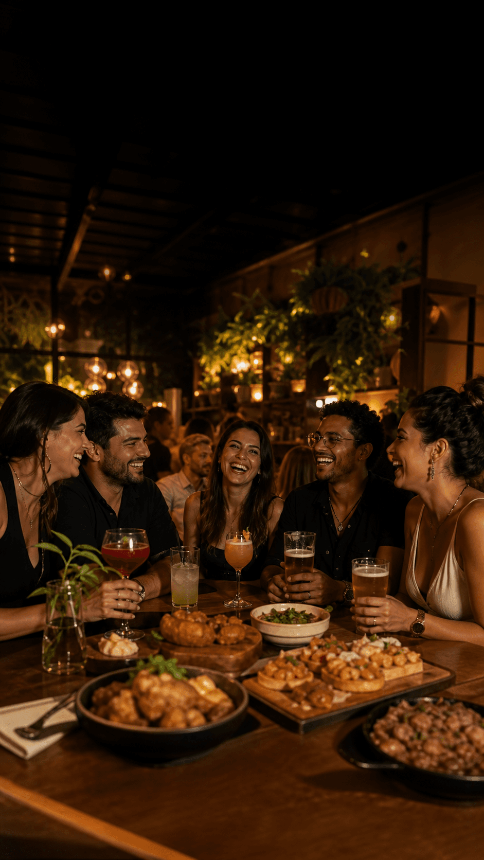 Grupo de amigos sorrindo à mesa de um bar, com drinks e petiscos à frente